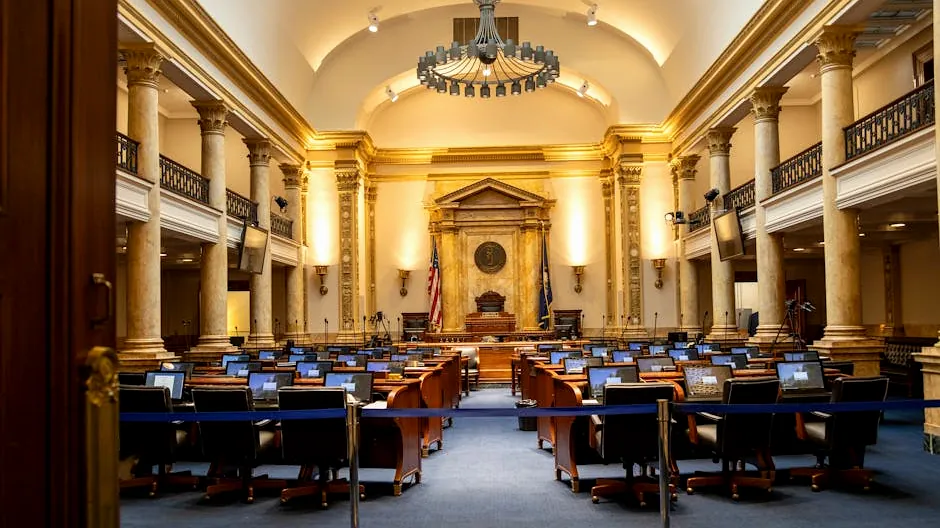 A grand government chamber with elegant columns and seating. Perfect for politics or architecture themes.