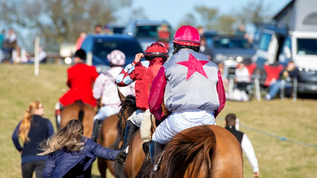 a group of people riding on the backs of horses