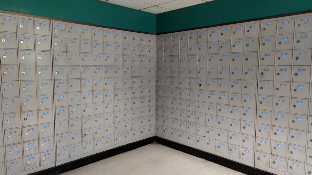 a room with a wall of papers