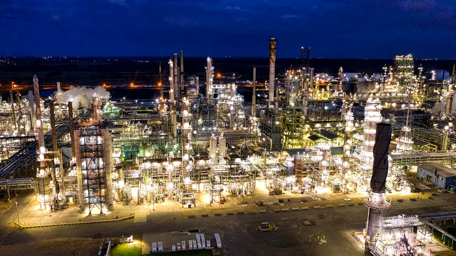 Aerial view of a brightly lit industrial refinery at night in Rosemount, MN.