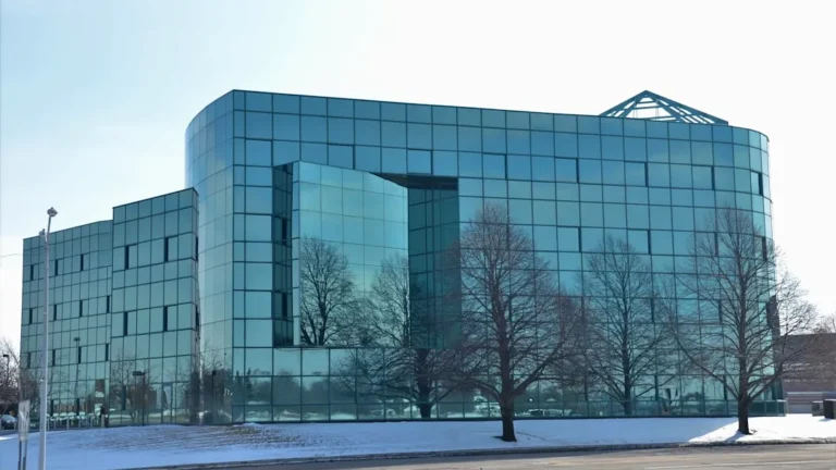 bare trees near glass building during daytime