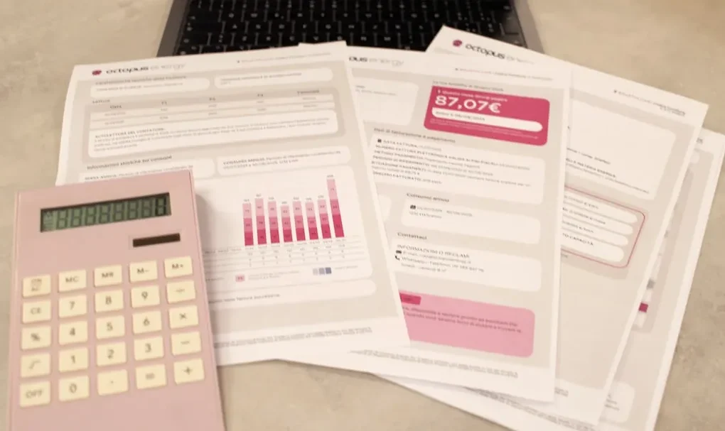 Bills, calculator, and a laptop: financial tasks underway.
