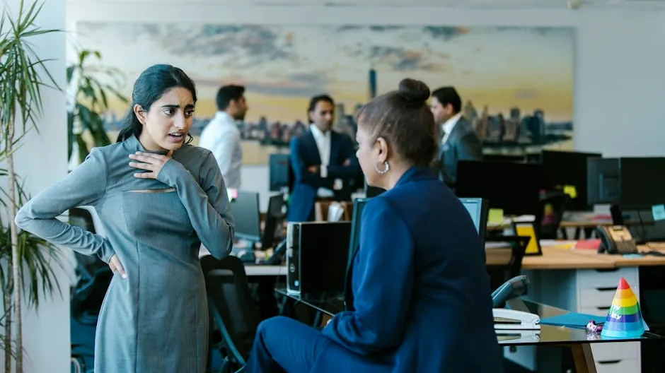 Employees engage in a lively discussion in a contemporary office setting.