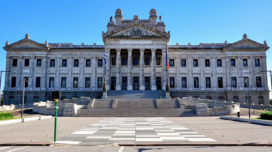 Front view of Uruguay's Palacio Legislativo in Montevideo on a clear day.