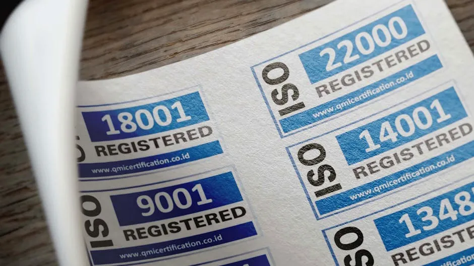 ISO certification stickers with registration numbers on paper.