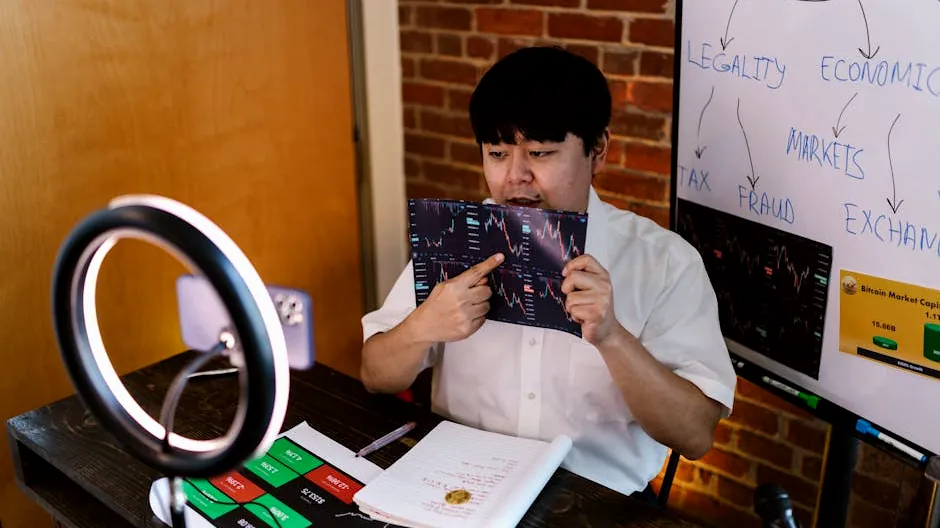 Man analyzing cryptocurrency data with ring light and flip charts in a home office.
