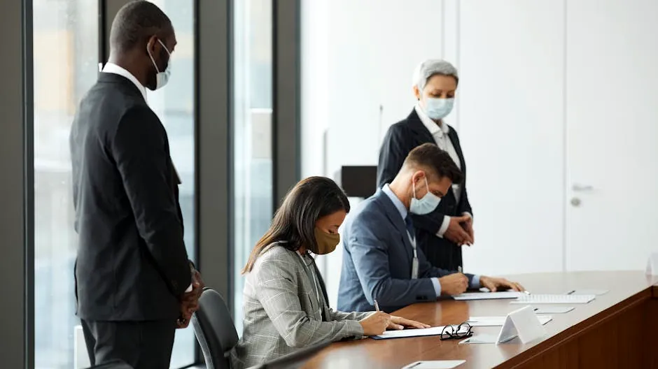 Professionals in a corporate meeting wearing masks for COVID-19 safety protocols.