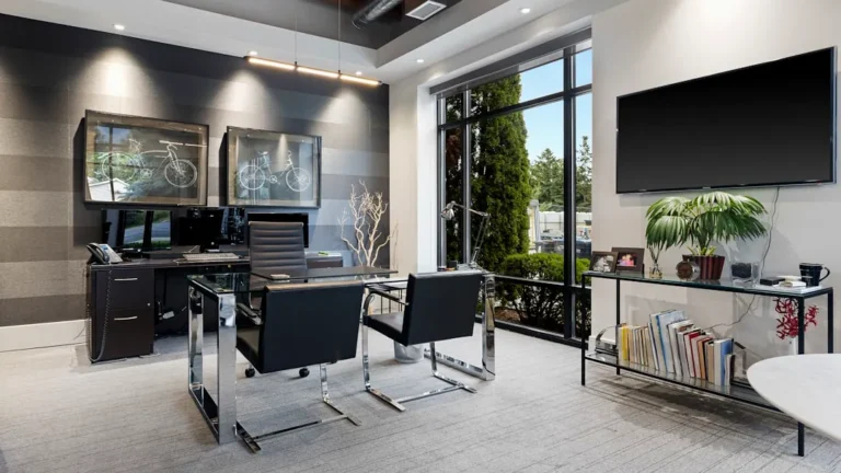 a room with a tv and chairs