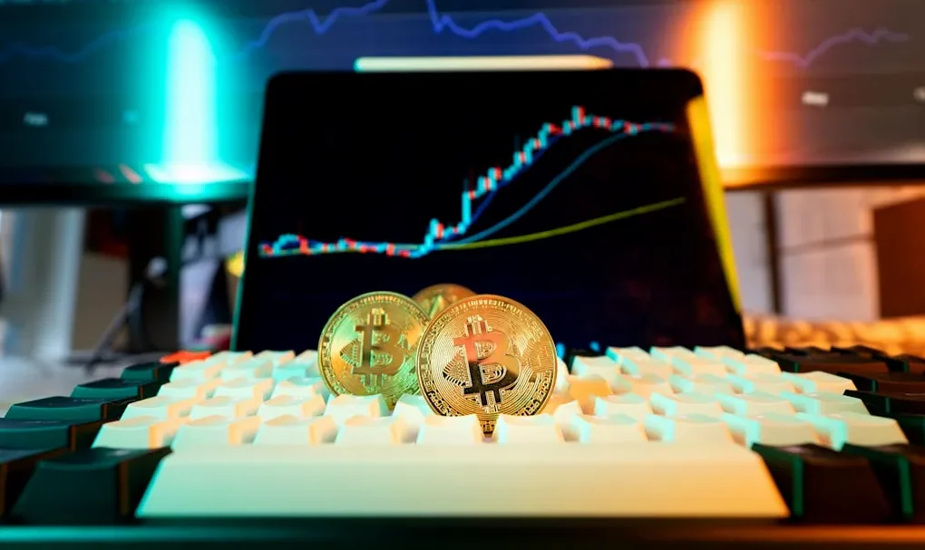 Bitcoin coins rest on a keyboard with stock charts.