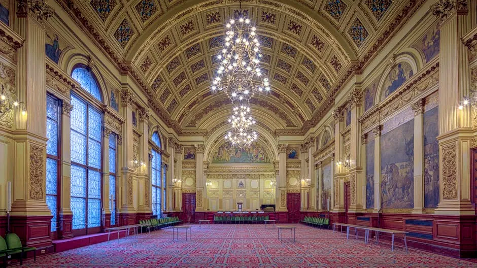 Elegant and historic banquet hall interior at Glasgow City Chambers, Scotland.