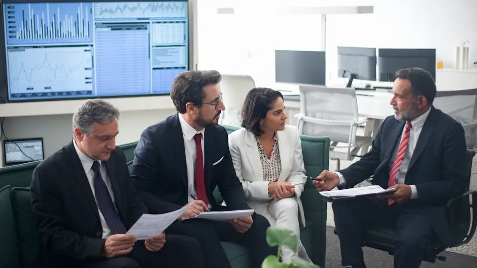 Group of business professionals discussing financial strategies in a modern office setting.