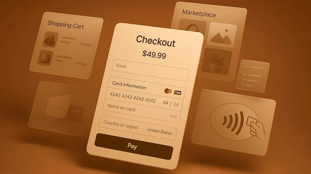 Online checkout screen with payment details and shopping cart.