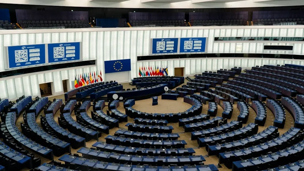 Modern parliamentary chamber with tiered seating