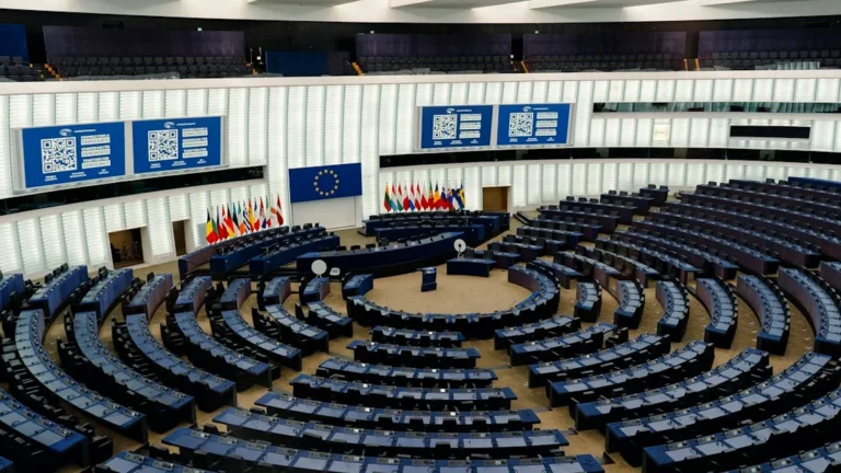Modern parliamentary chamber with tiered seating