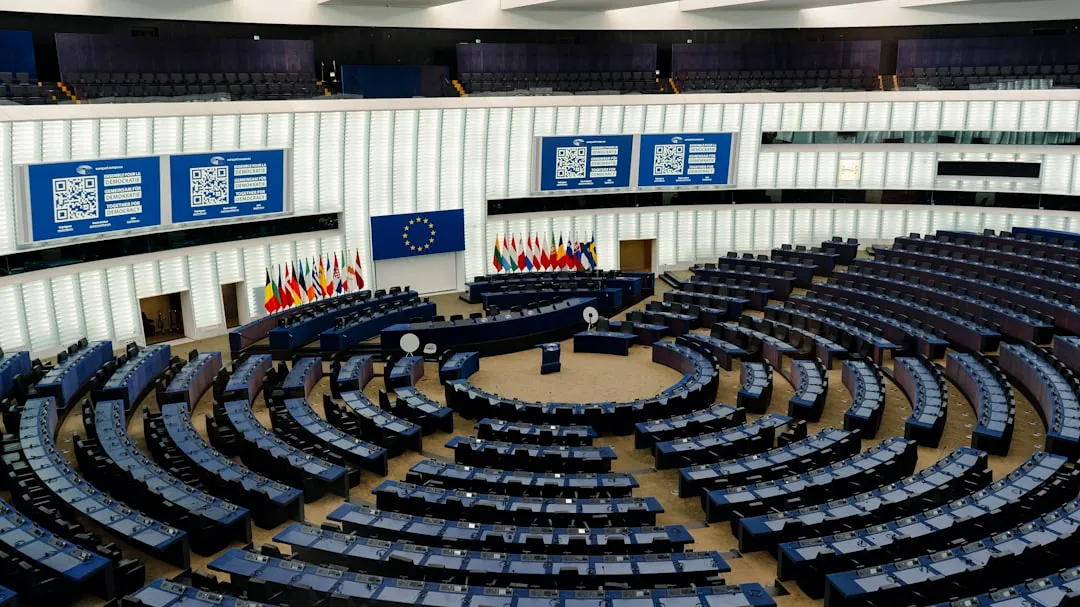 Modern parliamentary chamber with tiered seating