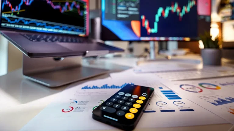 smartphone calculator on desk with financial charts behind